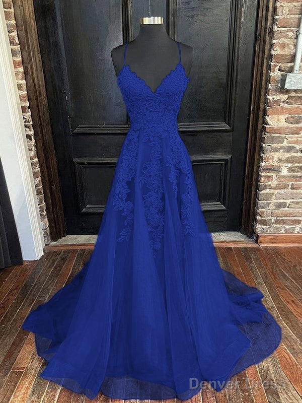 A Line V Neck Sweep Train Tulle Prom Dresses With Appliques Lace