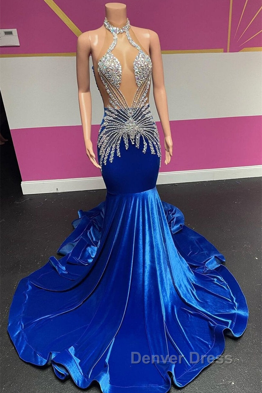 Royal Blue Halter Sleeveless Mermaid Prom Dresses With Beadings Velvet Secondary image