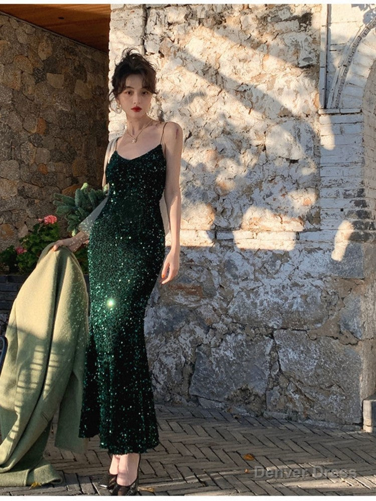 Green Women Sexy Sequin Strap Dress Spring Summer Elegant Vintage Prom Club Dresses Fashion One Piece Clothes