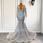 Mermaid Prom Dresses with Deep V Neck Long Sleeves Beadings
