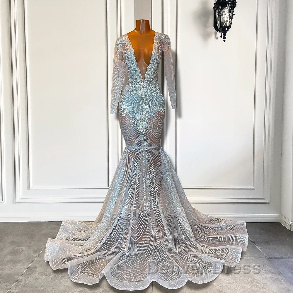 Mermaid Prom Dresses with Deep V Neck Long Sleeves Beadings