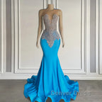 Ocean blue sleeveless mermaid prom Dresses with long beadings