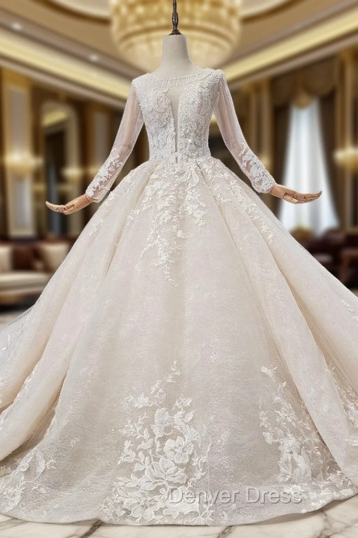 Fabulous Champagne Ball Gowns Tulle Appliues Long Sleeve Beading Wedding Dresses Main image
