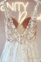 Fabulous Long V Neck Sleeveless Lace Backless Wedding Dresses Online