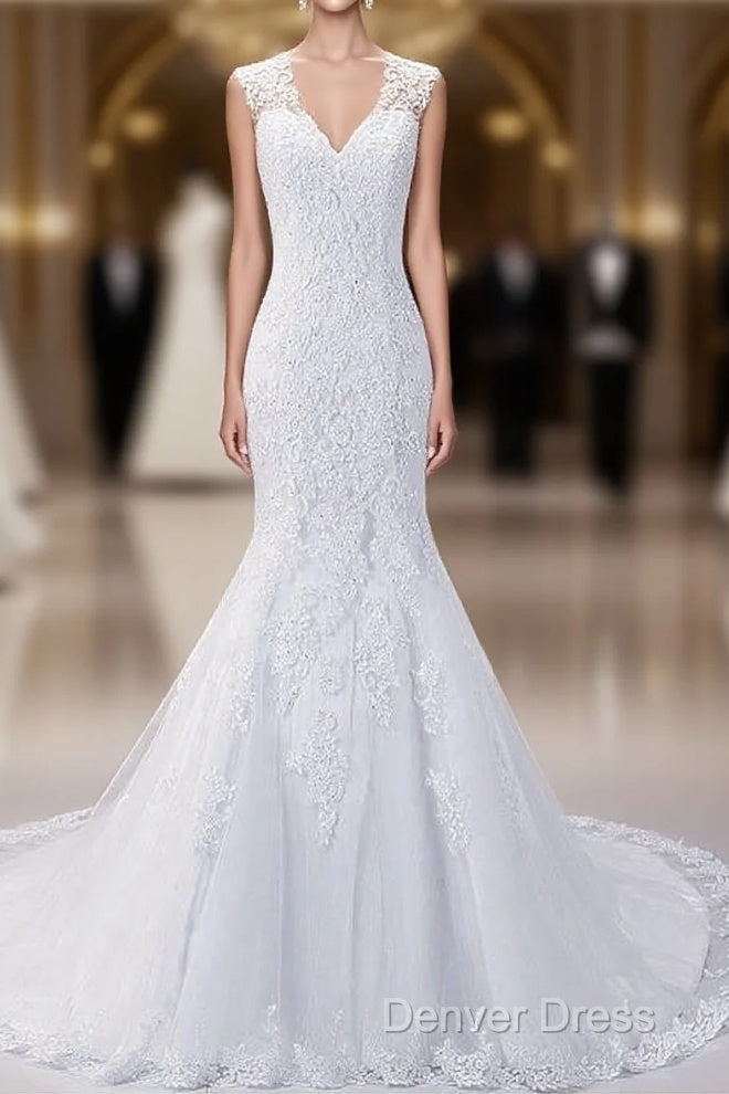 Fabulous Tulle V-Neck Neckline Mermaid Wedding Dresses With Beaded Lace Appliques