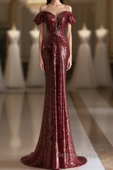 Simple Off Shoulder Sequin Burgundy Long Prom Dresses, Burgundy Long Evening Dresses