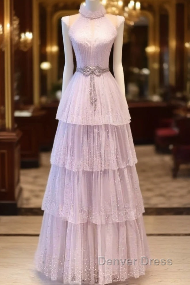 Fairy A Line High Neckline Pink Long Tulle Prom Dresses 22Th Birthday Outfit Main image