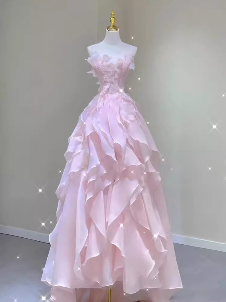 Fairy A Line Sleeveless Pink Long Floral Prom Dresses
