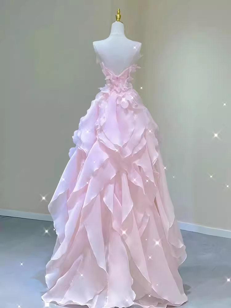 Fairy A Line Sleeveless Pink Long Floral Prom Dresses