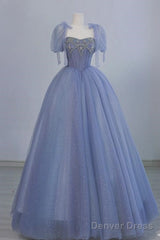 Fairy A Line Straps Tulle Long Blue Prom Dress