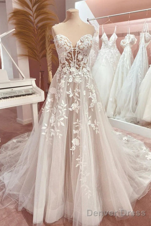 Fairy A Line Sweetheart Tulle Long Wedding Dresses With Appliques Off Shoulder Beautiful Main image