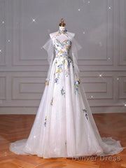 Fairy A Line White Floral Prom Dresses Evening Dress