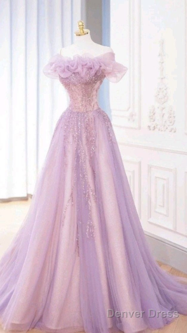 Fairy Ball Gowns Off The Shoulder Lilac Tulle Prom Dress Long Prom Dresses