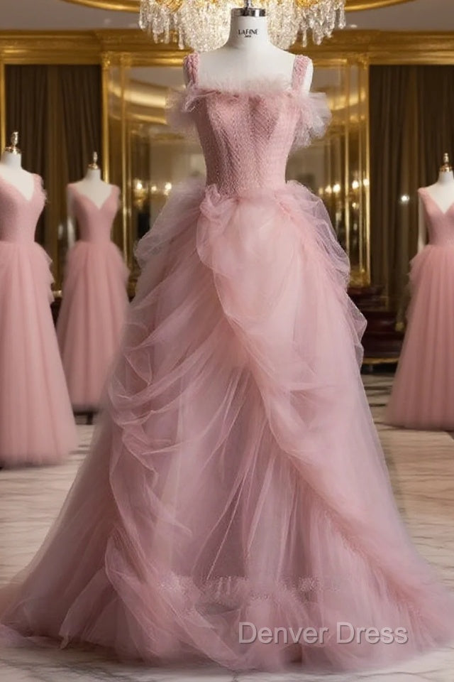 Fairy Ball Gowns Straps Pink Tulle Prom Dresses For Teens