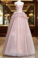 Fairy Ball Gown Straps Pink Tulle Prom Dresses Long Party Dresses