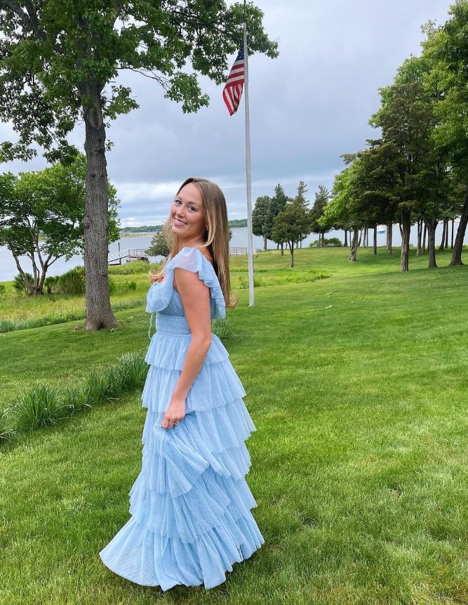 Fairy Sky Blue Sequare Neck Tiered Tulle Prom Dress Long Prom Dresses