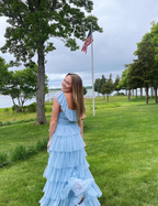 Fairy Sky Blue Sequare Neck Tiered Tulle Prom Dress Long Prom Dresses
