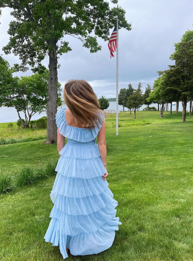 Fairy Sky Blue Sequare Neck Tiered Tulle Prom Dress Long Prom Dresses