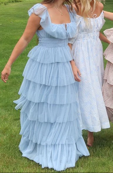 Fairy Sky Blue Sequare Neck Tiered Tulle Prom Dress Long Prom Dresses