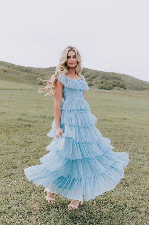 Fairy Sky Blue Sequare Neck Tiered Tulle Prom Dress Long Prom Dresses