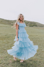 Fairy Sky Blue Sequare Neck Tiered Tulle Prom Dress Long Prom Dresses