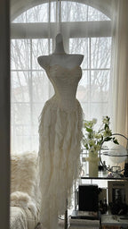Fairy-Like Tube Top With Heart-Shaped Collar And Beaded Wood Ear Curled Skirt Chiffon Prom Dresses