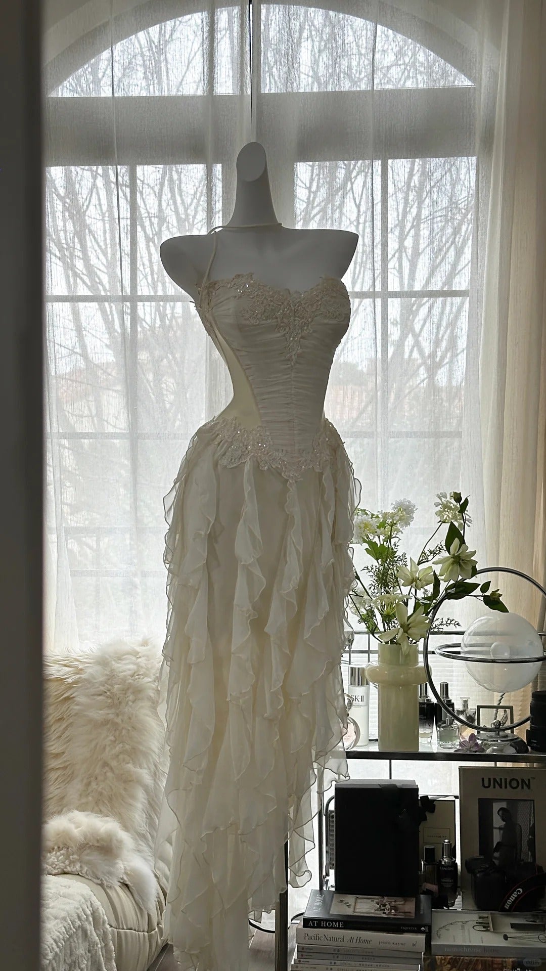Fairy-Like Tube Top With Heart-Shaped Collar And Beaded Wood Ear Curled Skirt Chiffon Prom Dresses
