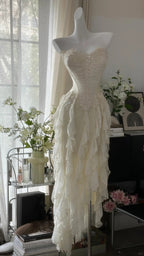 Fairy-Like Tube Top With Heart-Shaped Collar And Beaded Wood Ear Curled Skirt Chiffon Prom Dresses