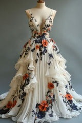 Fairytale A-Line Prom Dress For Wedding Chiffon 3D Applique Evening Dress