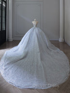 Fairytale Ball Gown Strapless Neckline Sequin Light Sky Blue Long Wedding Dresses Brides Dresses