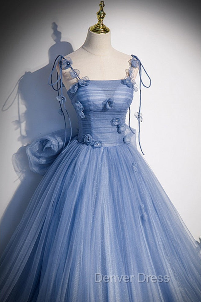 Fairytale Blue Flowers Long Tulle BallGowns Prom Dresses