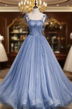 Fairytale Blue Flowers Long Tulle BallGowns Prom Dresses