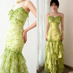 Fairytale Green Mermaid Vintage Prom Dress Sweetheart Chiffon Beaded Layed Prom Dresses