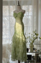 Fairytale Green Mermaid Vintage Prom Dress Sweetheart Chiffon Beaded Layed Prom Dresses