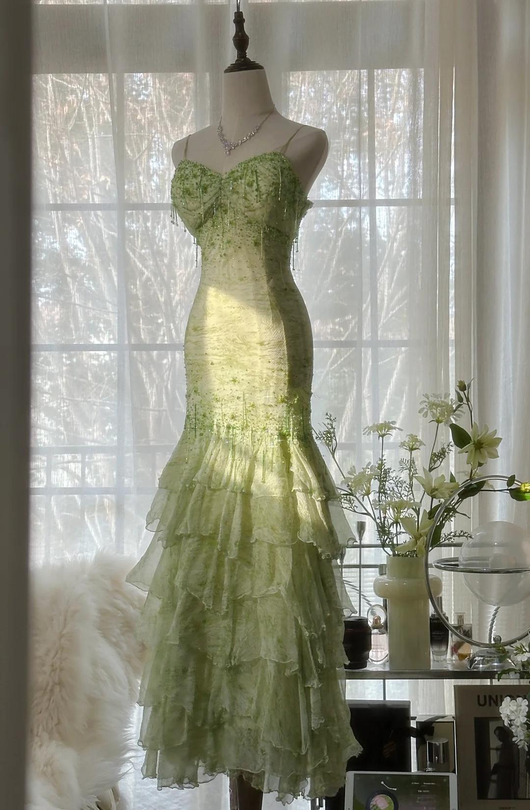 Fairytale Green Mermaid Vintage Prom Dress Sweetheart Chiffon Beaded Layed Prom Dresses