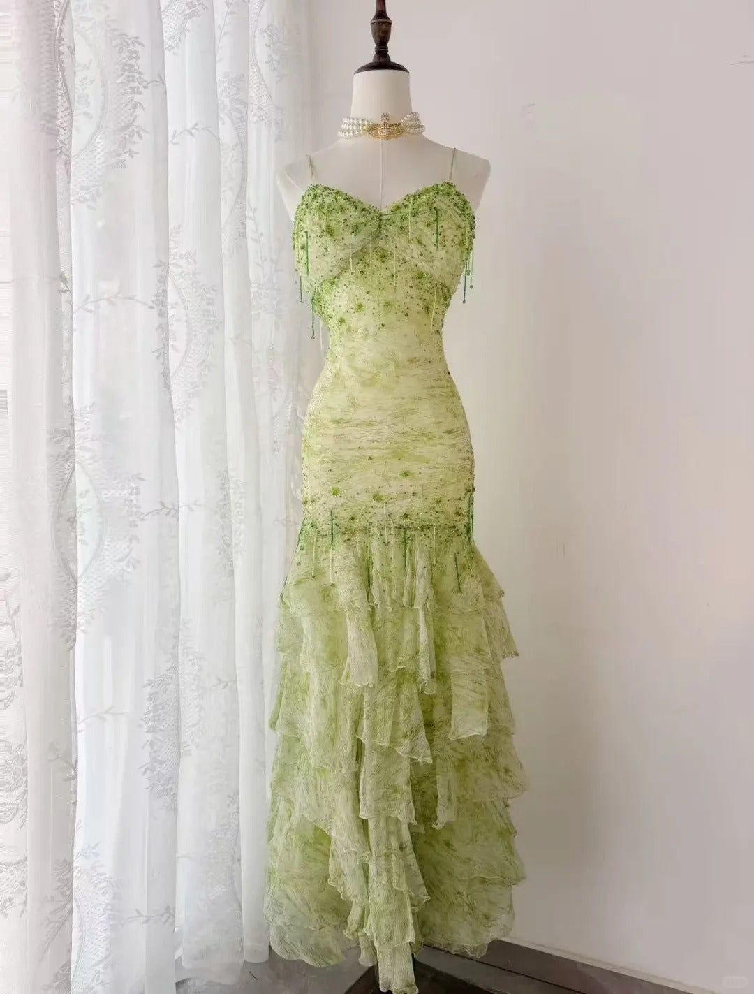 Fairytale Green Mermaid Vintage Prom Dress Sweetheart Chiffon Beaded Layed Prom Dresses