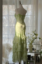 Fairytale Green Mermaid Vintage Prom Dress Sweetheart Chiffon Beaded Layed Prom Dresses