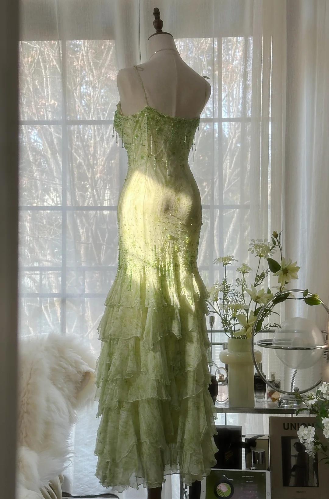 Fairytale Green Mermaid Vintage Prom Dress Sweetheart Chiffon Beaded Layed Prom Dresses
