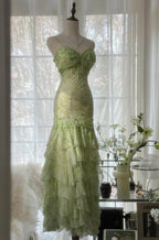 Fairytale Green Mermaid Vintage Prom Dress Sweetheart Chiffon Beaded Layed Prom Dresses