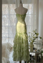 Fairytale Green Mermaid Vintage Prom Dress Sweetheart Chiffon Beaded Layed Prom Dresses