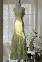 Fairytale Green Mermaid Vintage Prom Dress Sweetheart Chiffon Beaded Layed Prom Dresses