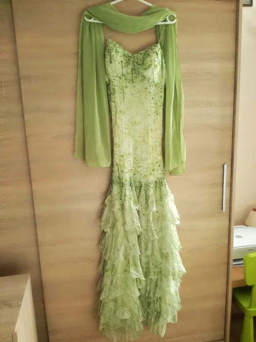 Fairytale Green Mermaid Vintage Prom Dress Sweetheart Chiffon Beaded Layed Prom Dresses
