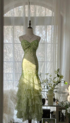 Fairytale Green Mermaid Vintage Prom Dress Sweetheart Chiffon Beaded Layed Prom Dresses