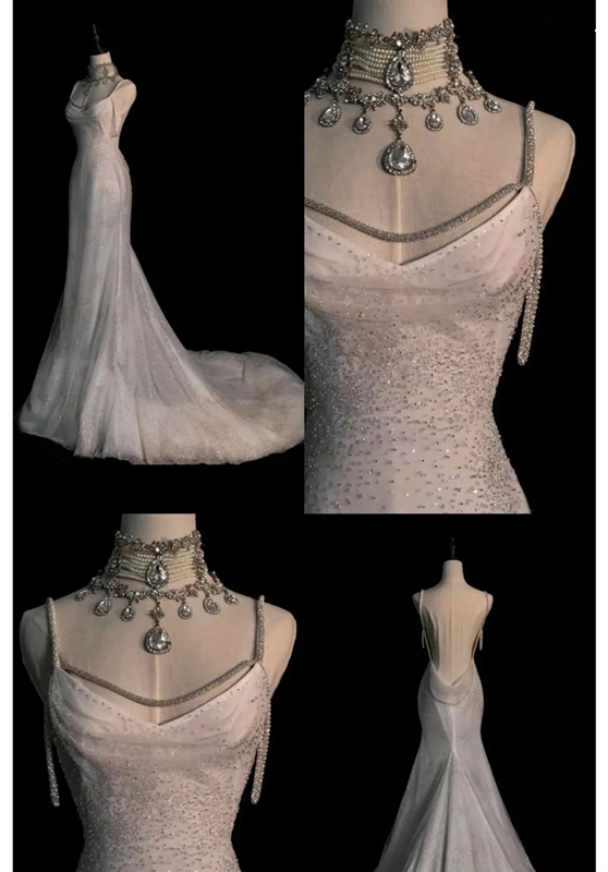 Fairytale Mermaid Wedding Dress Glittering Straps Backless Wedding Dresses