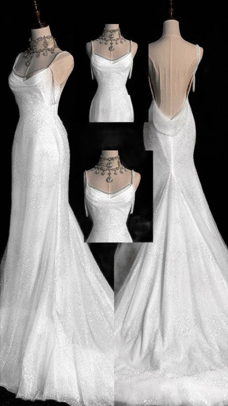 Fairytale Mermaid Wedding Dress Glittering Straps Backless Wedding Dresses