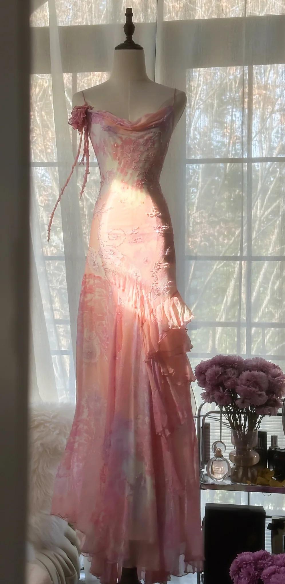 Vintage Pink Spaghetti Strap Mermaid Prom Dress Fairytale Chiffon Beaded Long Prom Dresses Main image