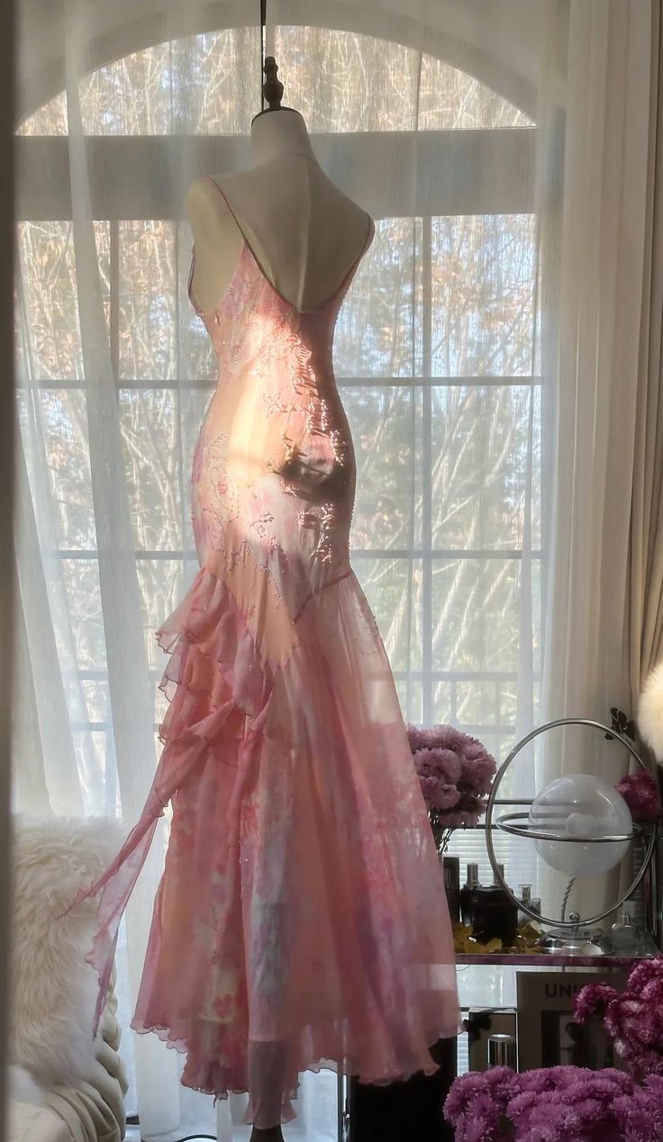 Fairytale Pink Mermaid Spaghetti Strap Beaded Ruffle Chiffon Prom Dresses Secondary image