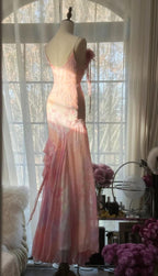 Fairytale Pink Mermaid Spaghetti Strap Beaded Ruffle Chiffon Prom Dresses