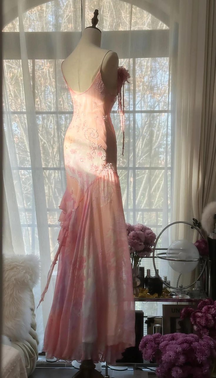 Fairytale Pink Mermaid Spaghetti Strap Beaded Ruffle Chiffon Prom Dresses