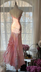Fairytale Pink Mermaid Spaghetti Strap Beaded Ruffle Chiffon Prom Dresses